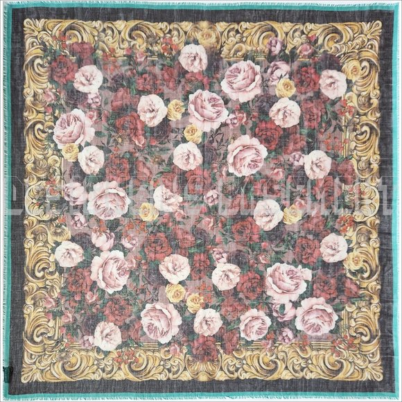 DOLCE & GABBANA cashmere & silk blend BAROQUE ROSES 54"x54" square fringed Shawl - Picture 4 of 5